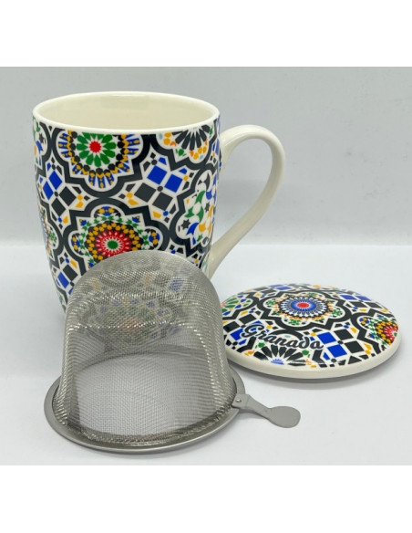 Porcelain tea cup with filter and lid - Mosaics of the Alhambra design