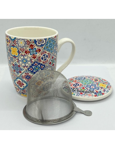 Porcelain tea cup with filter and lid - Mosaics of the Alhambra design