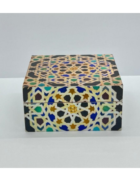 Large square Taracea design wooden box - The Mosaics of the Alhambra