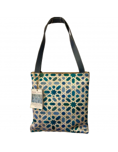 Leather and Silk Bag with two handles - Blue Mosaic design
