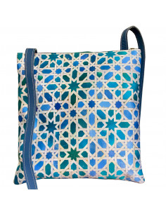 Leather and Silk bag with handle. Mosaico Azul Design