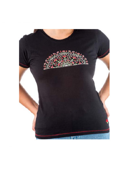Camiseta Mujer Negro Abanico Flores