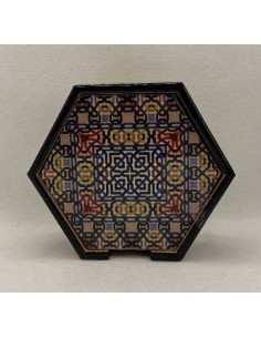 Hexagonal wooden 4 coaster and holder set - Taracea design