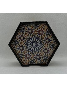 Hexagonal wooden 4 coaster and holder set - Taracea design
