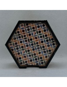 Hexagonal wooden 4 coaster and holder set - Taracea design
