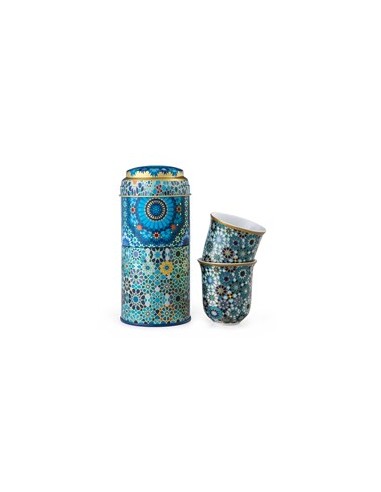 Tin + 2 Coffe cups porcelain Moucharabieh blue - 90ml